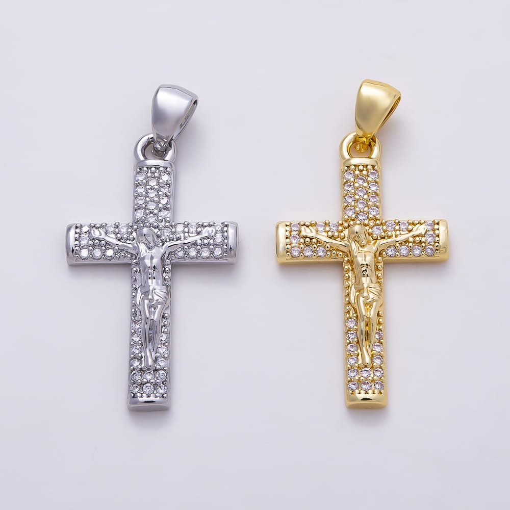 14K Gold Filled 24.5mm Micro Paved CZ Crucifix Religious Cross Pendant | Charms-00220