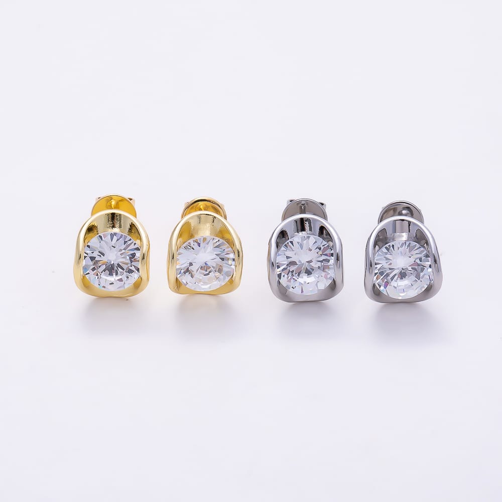 16K Gold Filled 17mm Clear Round CZ Solitaire Round Geometric Wrap Bezel Stud Earrings in Gold & Silver | Earrings-01180 Earrings-01165