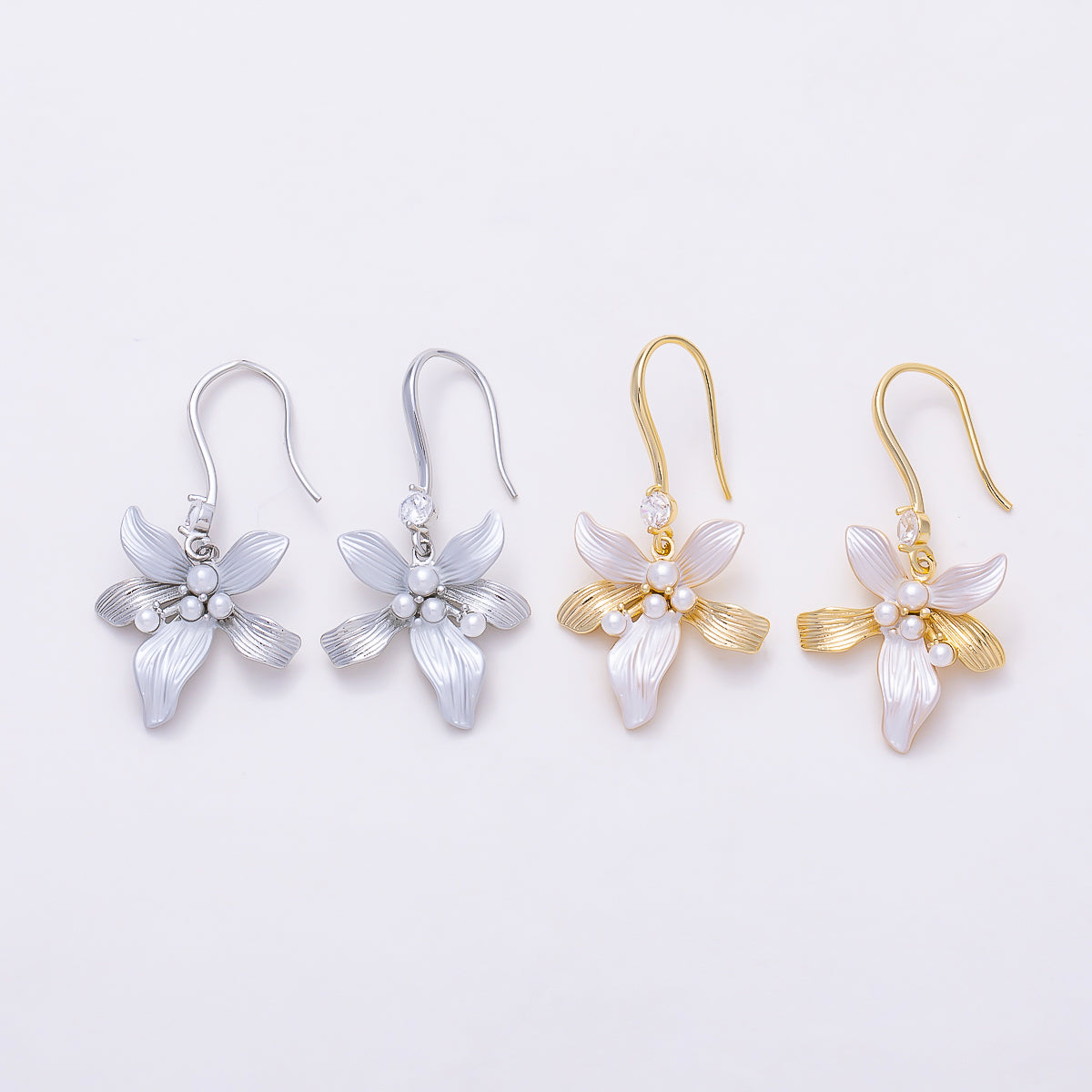 16K Gold Filled 31mm Shell Pearl Clear CZ White Enamel Flower Drop Earrings in Gold & Silver | Earrings-00843 - Earrings-00844