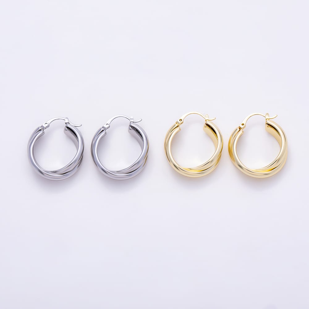 16K Gold Filled 29mm Minimalist Double Band Interlock Latch Hoop Earrings in Gold & Silver | Earrings-01166 Earrings-01167