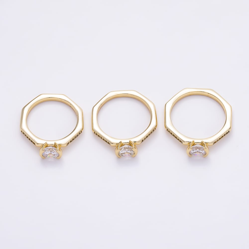 14K Gold Filled Round CZ Micro Paved Semi-Bezel Solitaire Octagon Ring | Rings-00440 ~ Rings-00442