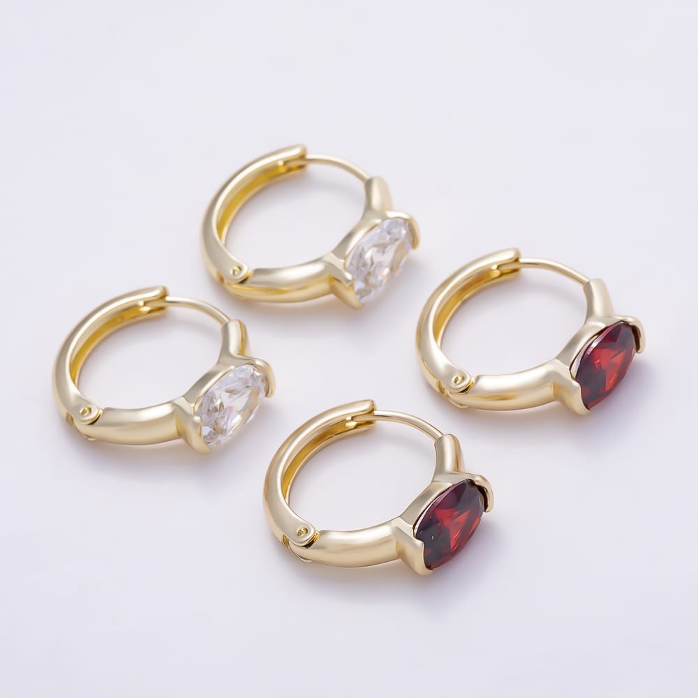 14K Gold Filled 17.3mm Clear, Red CZ Oval Semi-Bezel Solitaire Cartilage Huggie Earrings | Earrings-00090