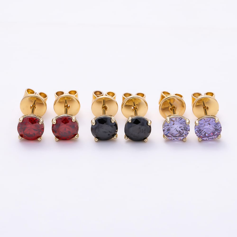 14K Gold Filled 6mm Red, Black, Purple CZ Round 4-Prong Solitaire Stud Earrings | Earrings-01185 ~ Earrings-01192