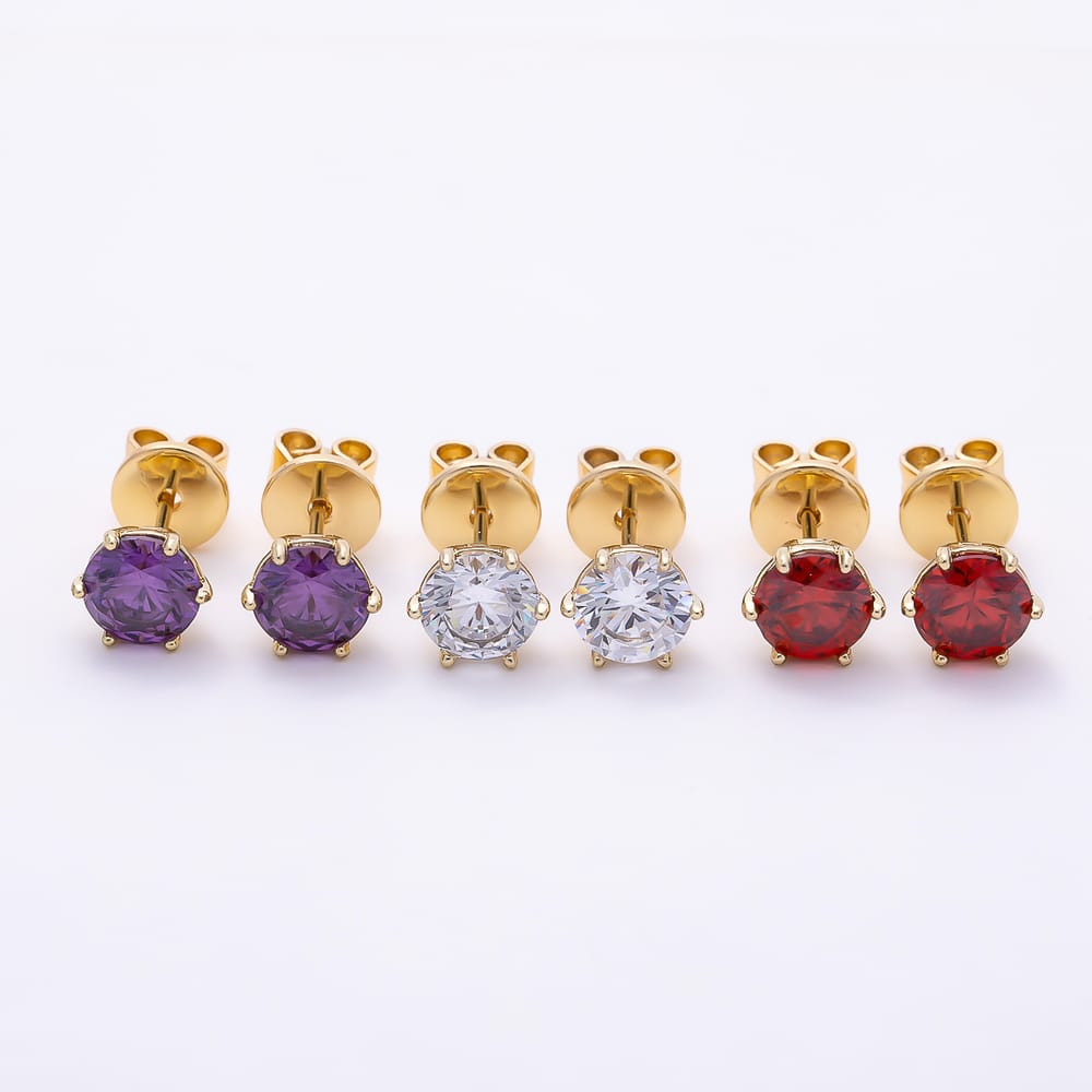 14K Gold Filled 7mm Red, Purple, Clear Round CZ 6-Prong Solitaire Stud Earrings | Earrings-01184