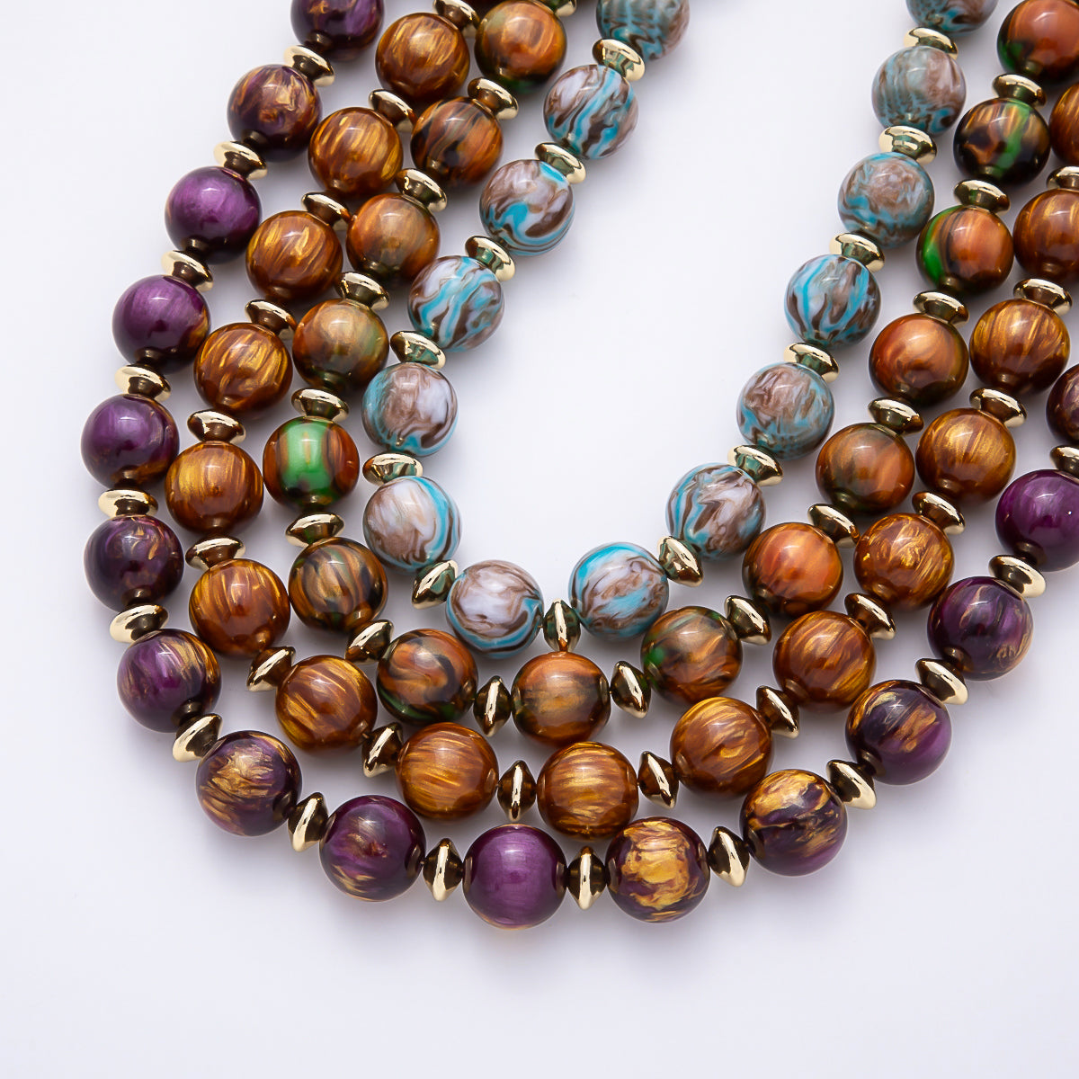 16K Gold Filled 16mm Colorful Swirl Marbled Natural Gemstone Beads 19Inch Necklace | WA-00335