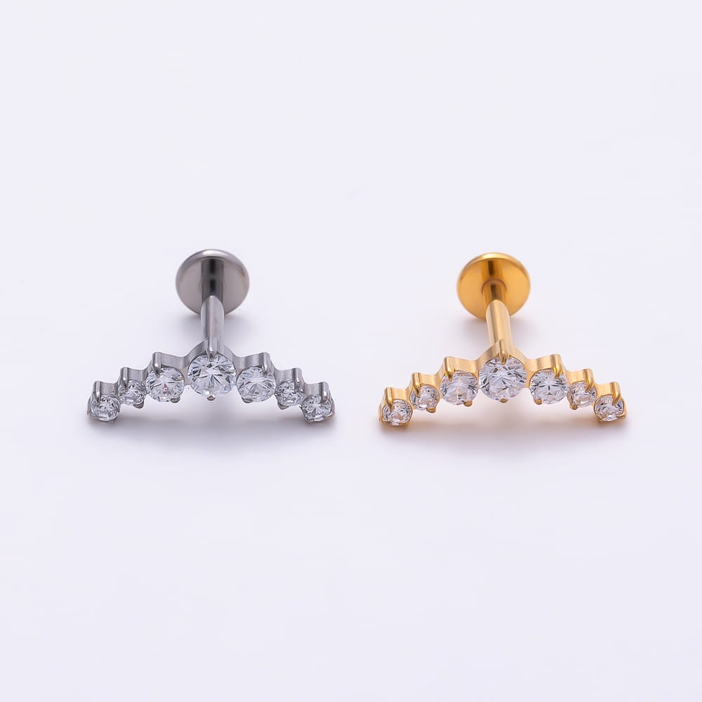 Titanium 13mm Clear Round CZ  Graduated Curved Cartilage Piercing Flat Back Stud in Gold & Silver | BJ-00259 - BJ-00260