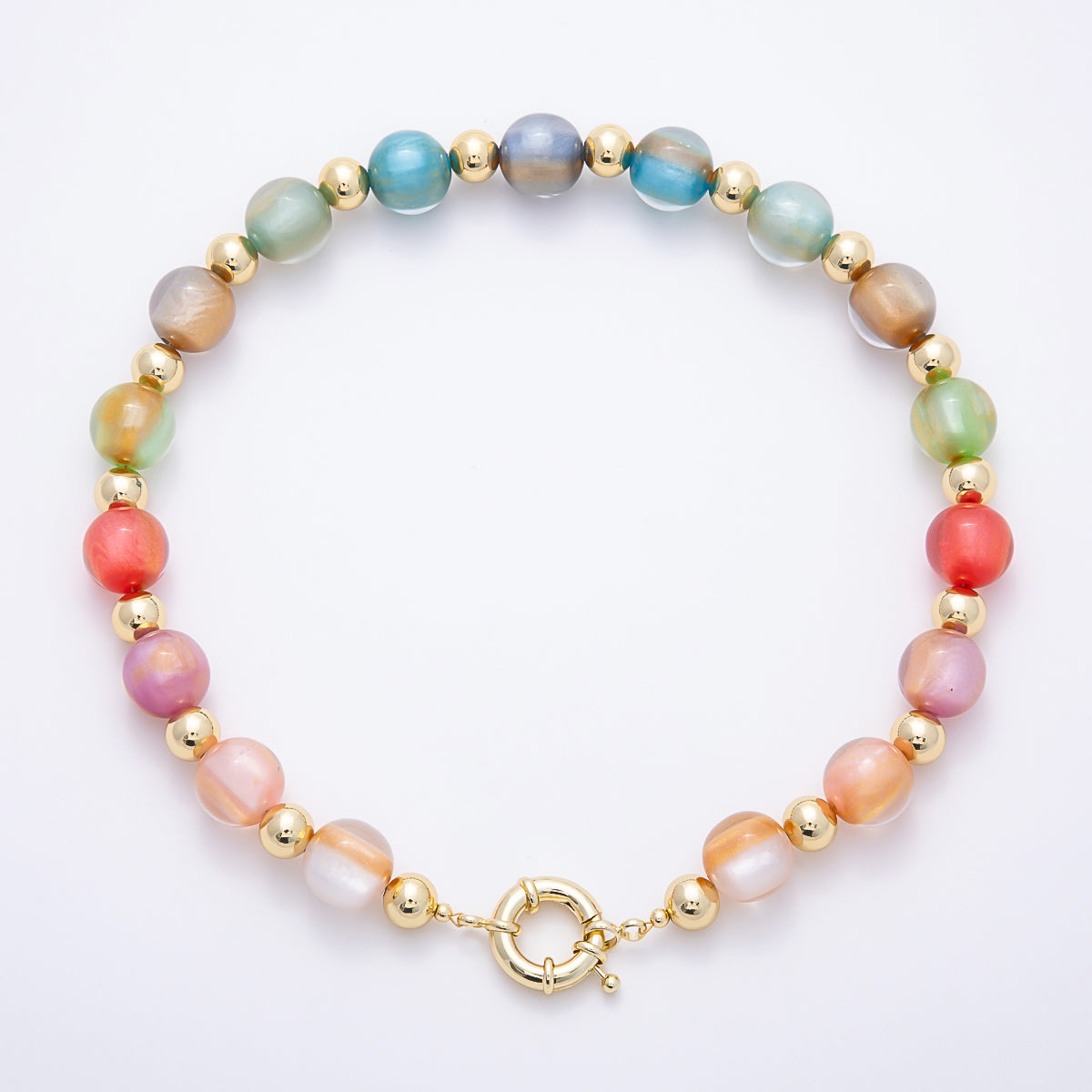 16K Gold Filled 16mm Multicolor Cat's Eye Glass Beads 19 Inch Necklace | WA-00385