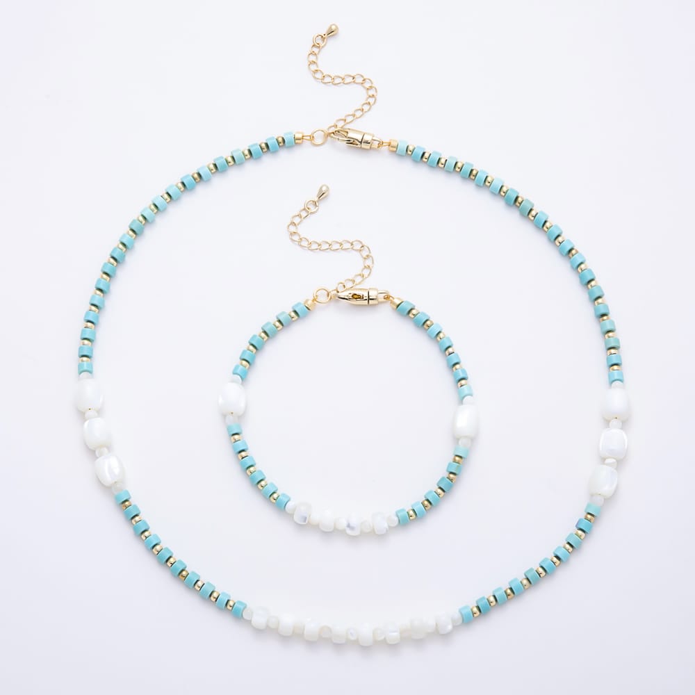 16K Gold Filled Blue Turquoise Rondelle Shell Pearl Gemstone Chain 18 Inch Necklace, 8 Inch Bracelet | WA-00602 WA-00637