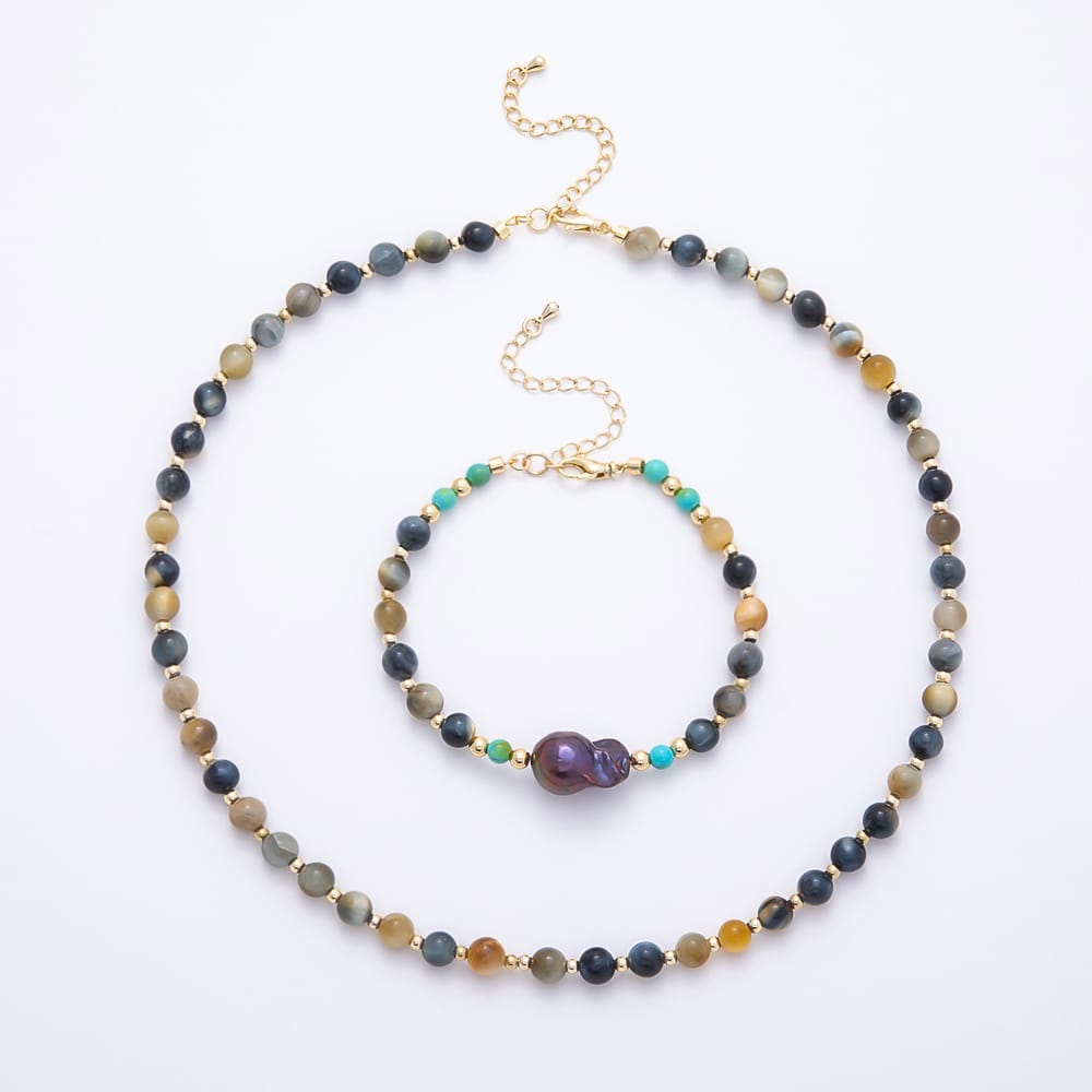 16K Gold Filled 6.5mm Purple Baroque Freshwater Pearl Multi Gemstone Chain 17.5 Inch Necklace, 7.5 Inch Bracelet | WA-00346 WA-00539