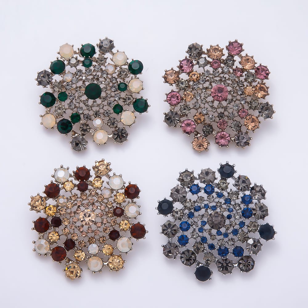 Vintage Gold 55mm Brown, Green, Blue Rhinestone Spiral Flower Pin Brooch | BH-00198 ~ BH-00201