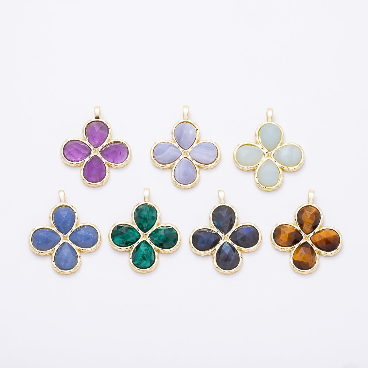 16K Gold Filled 32mm Faceted Four-Petal Lucky Clover Natural Gemstone Charm | Charms-01787 - Charms-