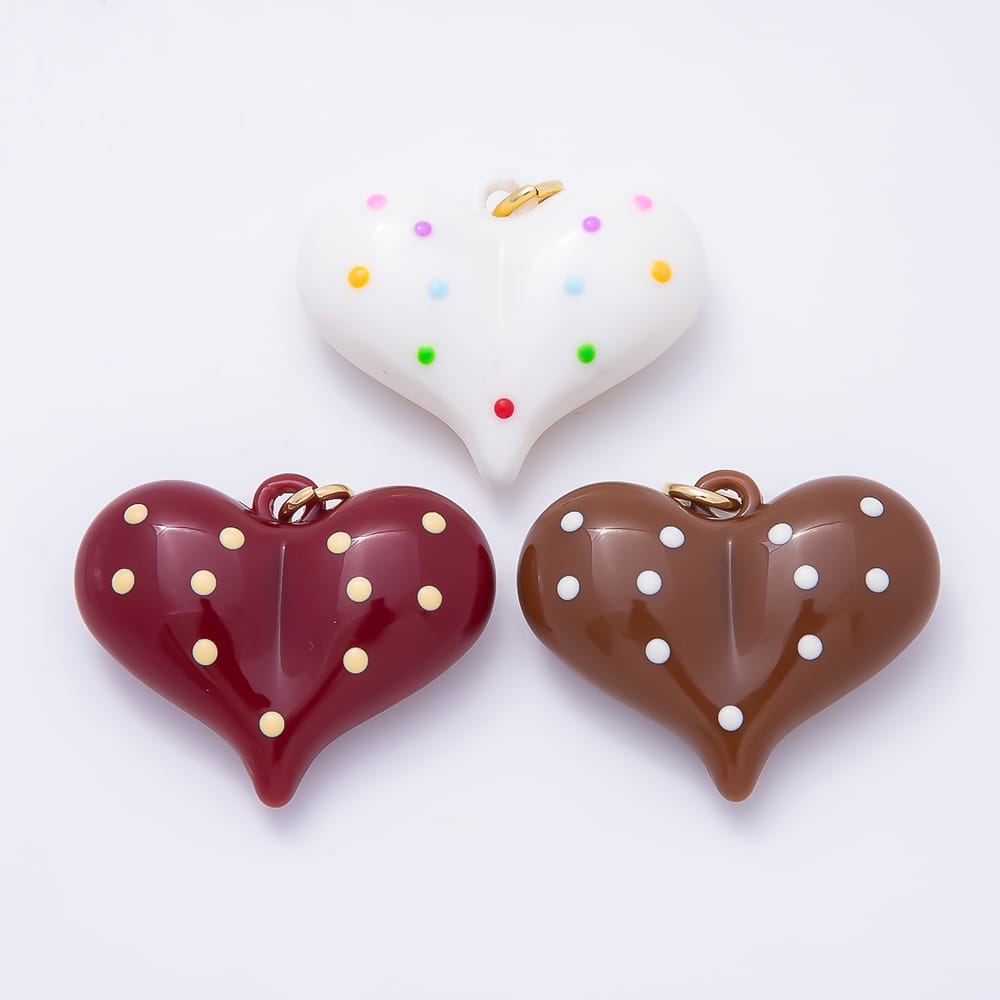 AUNTUMN FALL 18K Gold Filled 35mm White, Yellow, Multicolor Polka Dotted Brown, Red, White Enamel Resin Chubby Heart Charm | Charms-02386 ~ Charms-02388