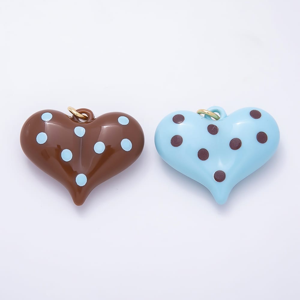 AUNTUMN FALL 18K Gold Filled 35mm Brown, Blue Polka Dotted Enamel Resin Chubby Heart Charm | Charms-02384 Charms-02385