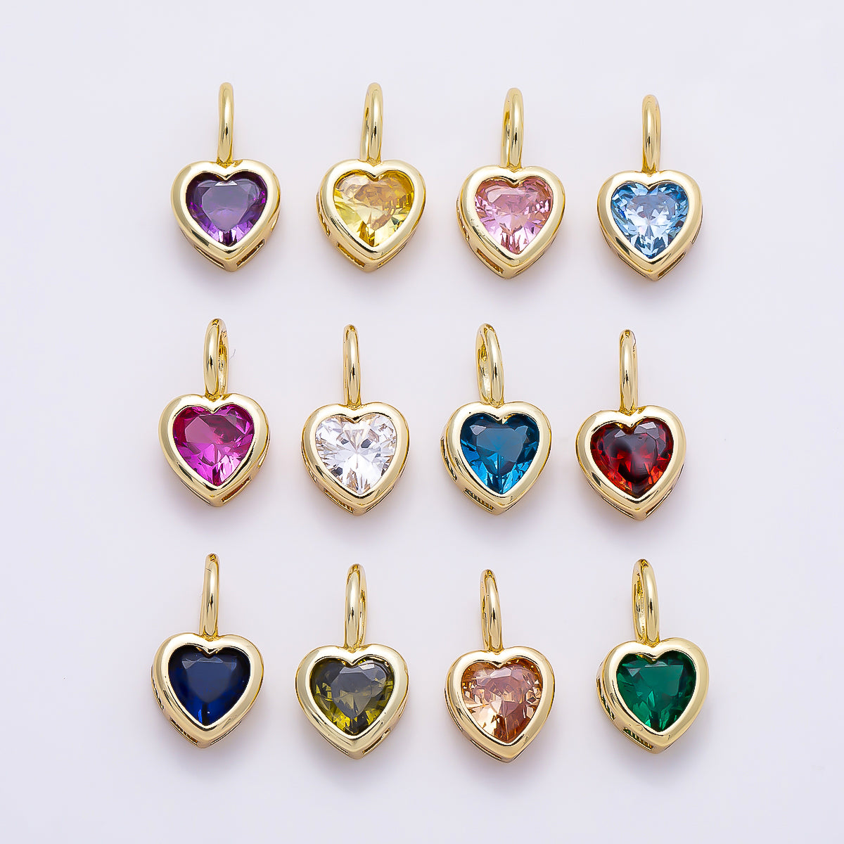 16K Gold Filled 14mm Birthstone CZ Bezel Heart Collar Chain Pendant | Charms-01287 ~ Charms-01298