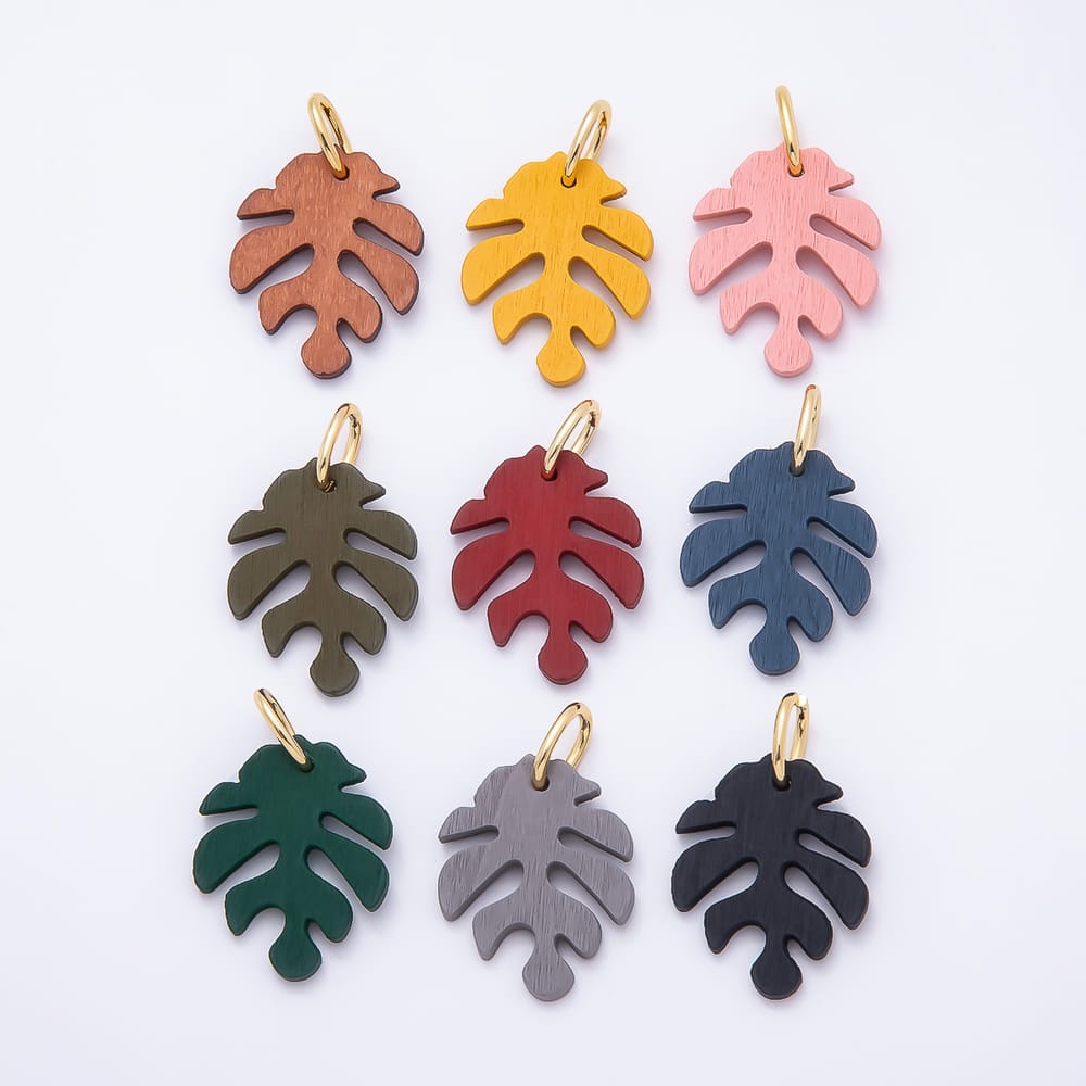 18K Gold Filled 30mm Green, Grey, Olive, Red, Blue, Orange, Black, Yellow, Pink, Brown Lined Monstera Palm Leaf Light Wood Charm | Charms-02428 ~ Charms-02437