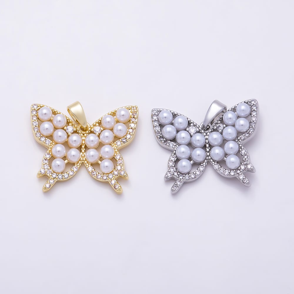 16K Gold Filled 20mm Shell Pearl Micro Paved CZ Butterfly Animal Pendant in Gold & Silver | Charms-02373 Charms-02374