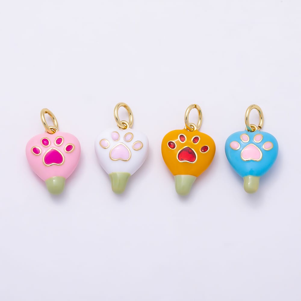 16K Gold Filled 13mm Pink, White, Orange, Blue Enamel Heart Paw Print Charm | Charms-02296 ~ Charms-02299