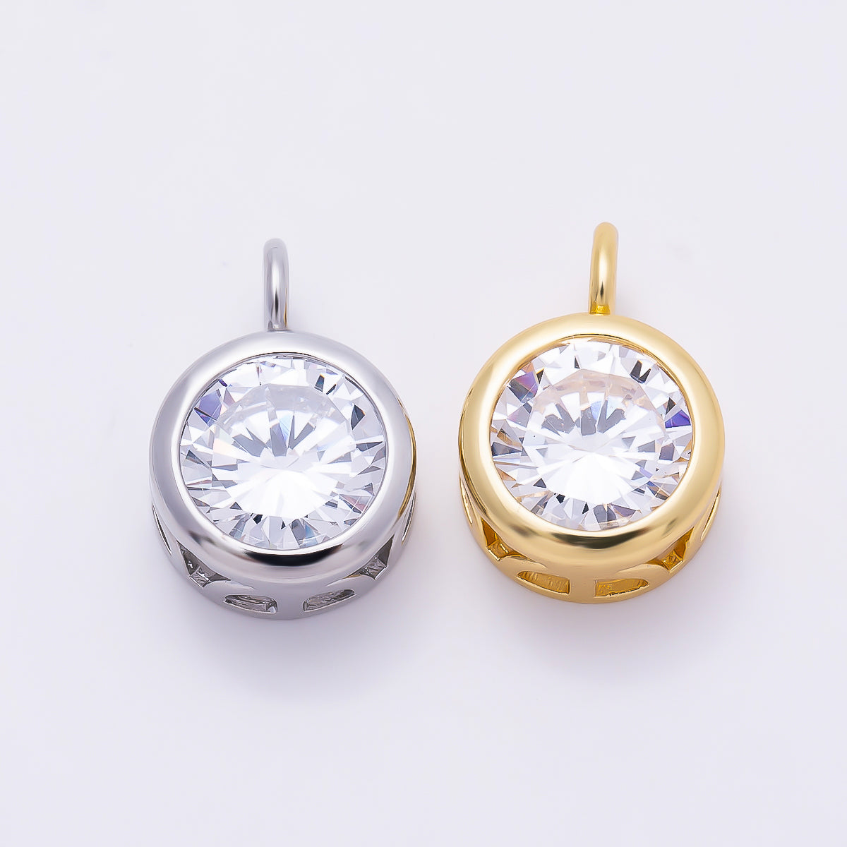 16K Gold Filled 15mm Round CZ Bezel Solitaire Pendant in Gold & Silver | Charms-01378 Charms-01379