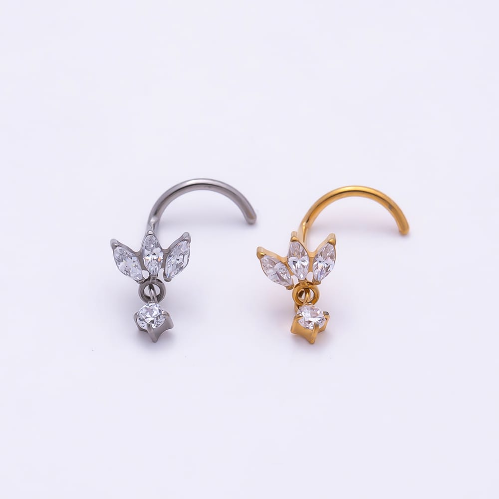 Titanium 9mm Clear CZ Marquise Round Drop Cartilage Nose Single Piercing Stud in Gold & Silver | BJ-00249 BJ-00250