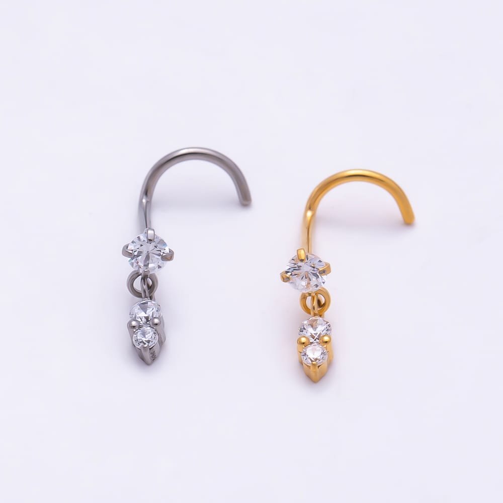 Titanium 10mm Clear CZ Round Drop Cartilage Nose Single Piercing Stud in Gold & Silver | BJ-00251 BJ-00252