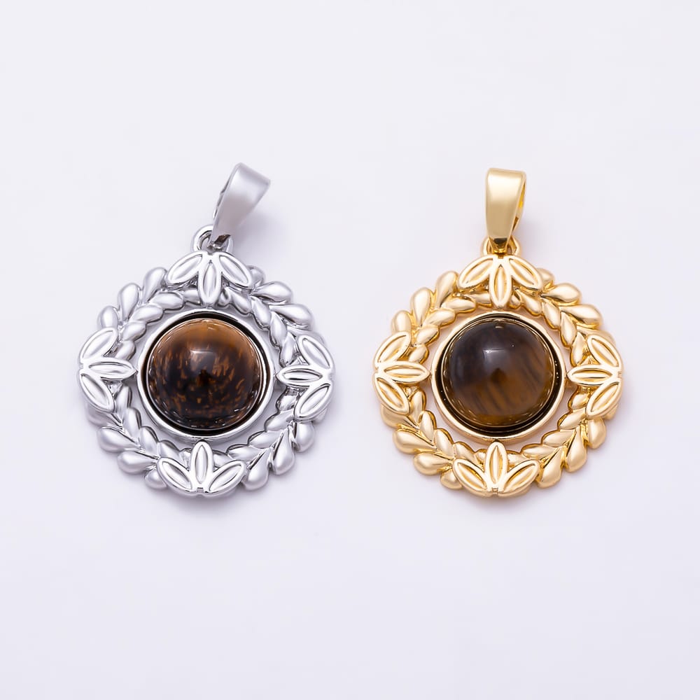 16K Gold Filled 20mm Tiger Eye Round Leaf Bezel Rhombus Pendant in Gold & Silver | Charms-02339 Charms-02340
