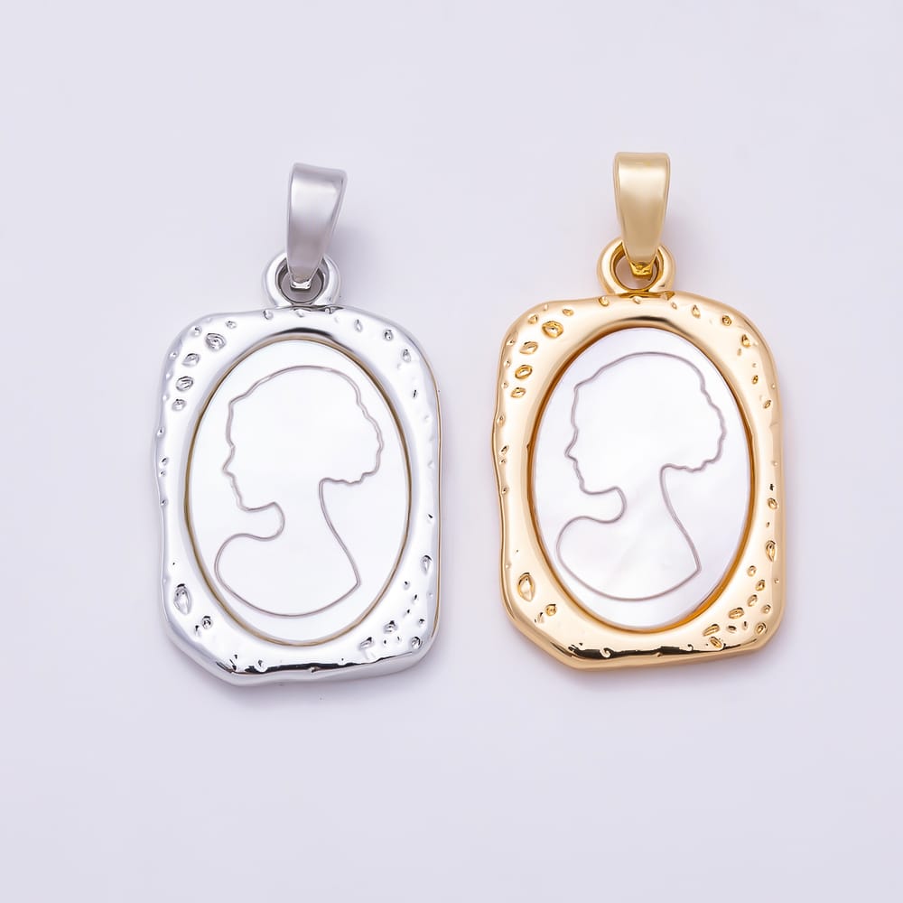 16K Gold Filled 21mm Woman Cameo Shell Pearl Molten Bezel Rectangle Tag Pendant in Gold & Silver | Charms-02327 Charms-02328