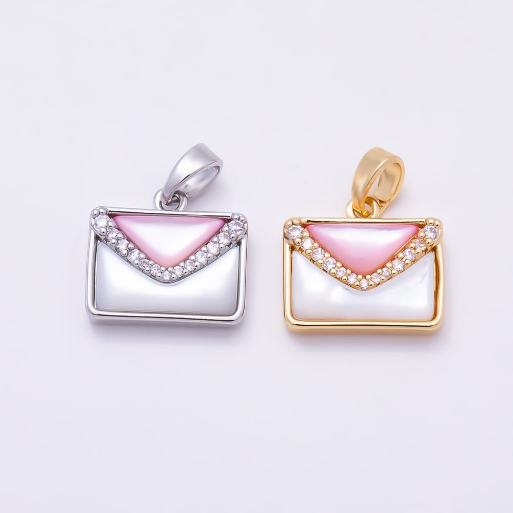 16K Gold Filled 12mm Pink White Shell Pearl Micro Paved CZ Love Letter Envelope Pendant in Gold & Silver | Charms-02348 Charms-02349