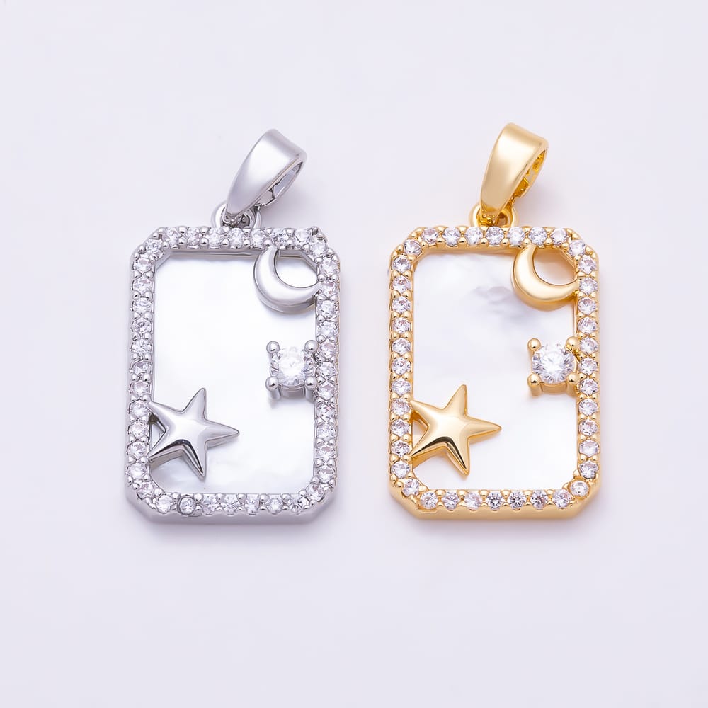 16K Gold Filled 20mm Celestial Star Moon Micro Paved CZ Shell Pearl Rectangle Pendant in Gold & Silver | Charms-02333 Charms-02334