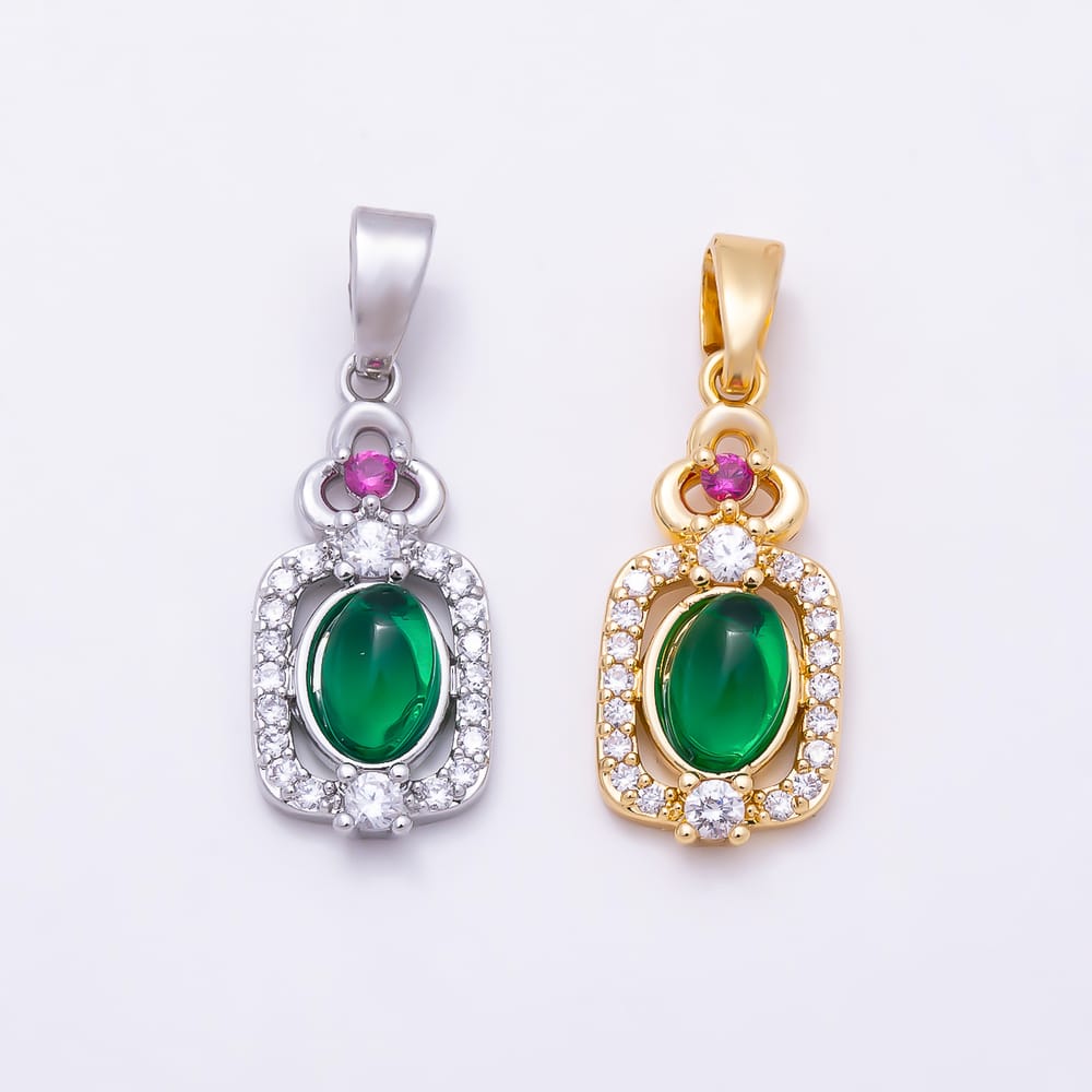 16K Gold Filled 18mm Green Agate Cabochon Micro Paved CZ Bezel Oval Pendant | Charms-02346 Charms-02347