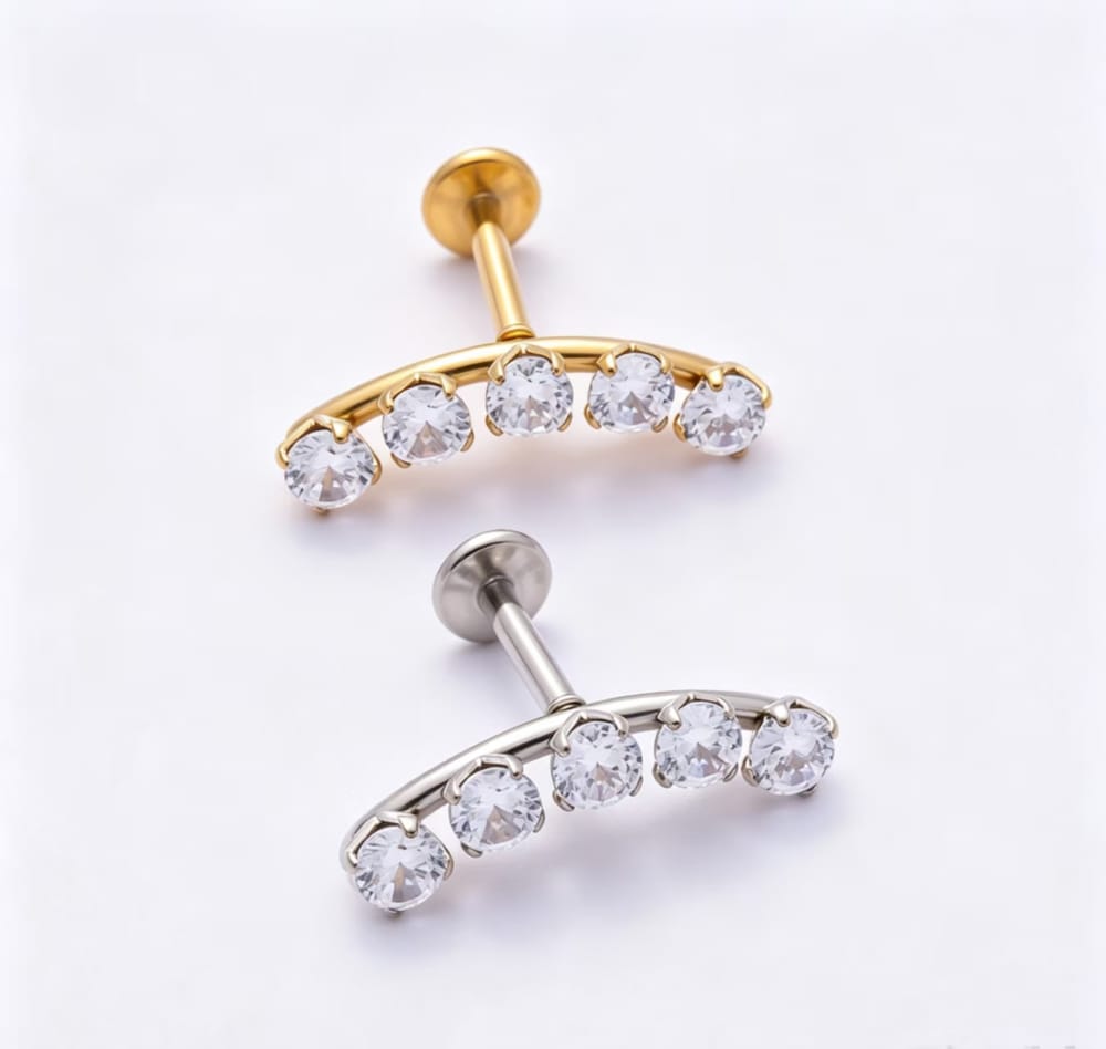 Titanium 17mm Clear Curved CZ Cartilage Piercing Flat Back Stud in Gold & Silver | BJ-00253 BJ-00254