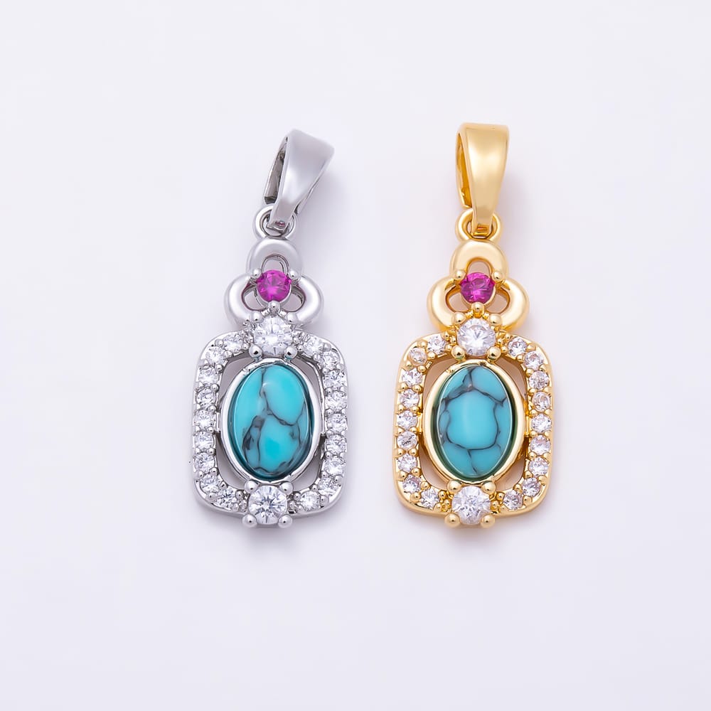 16K Gold Filled 18mm Turquoise Cabochon Micro Paved CZ Bezel Oval Pendant | Charms-02344 - Charms-02345