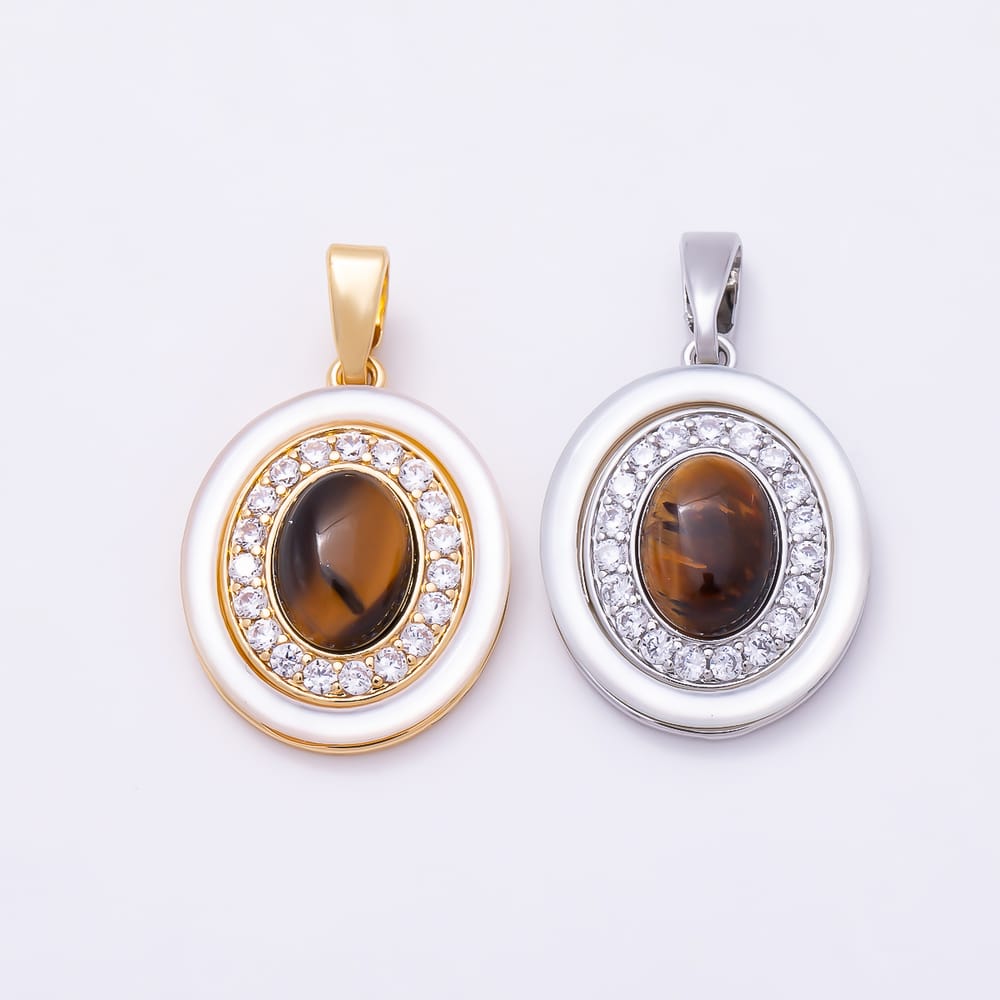 16K Gold Filled 18mm Micro Paved CZ Shell Pearl Tiger Eye Cabochon Gemstone Oval Pendant in Gold & Silver | Charms-02329 Charms-02330