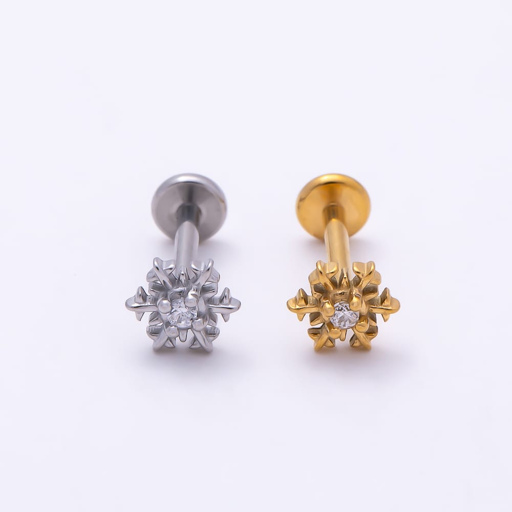 Titanium 6mm CZ Snowflake Cartilage Piercing Flat Back Stud in Gold & Silver | BJ-00323 BJ-00324
