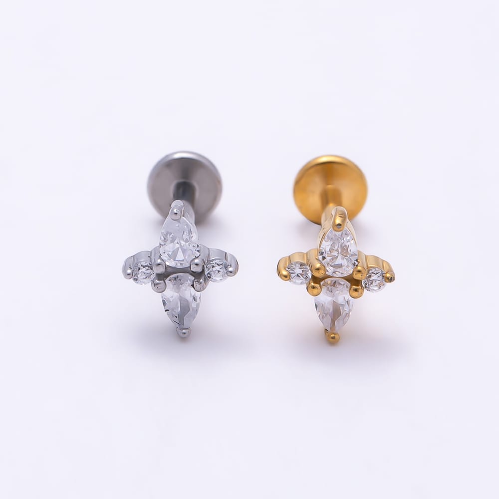 Titanium 7mm Clear CZ Teardrop Spiked Cartilage Piercing Flat Back Stud in Gold & Silver | BJ-00327 BJ-00328