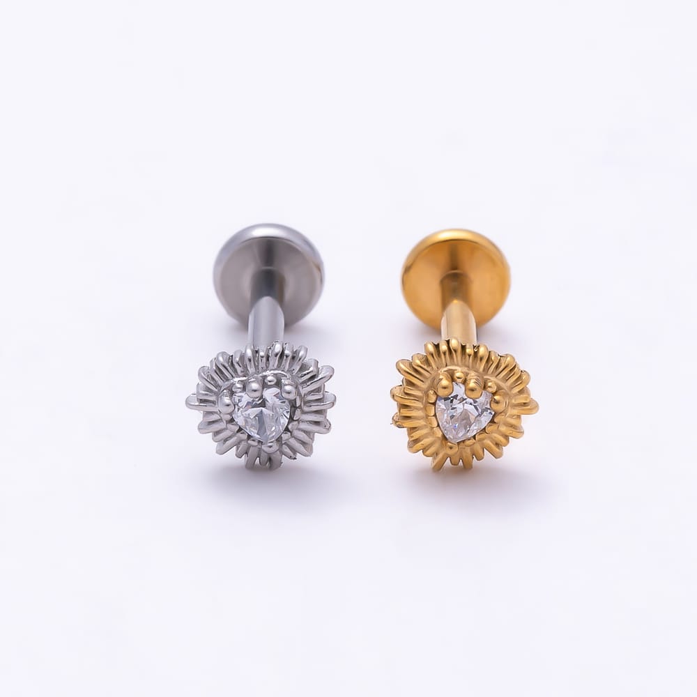 Titanium 5mm CZ Heart Sunburst Cartilage Piercing Flat Back Stud in Gold & Silver | BJ-00325 BJ-00326