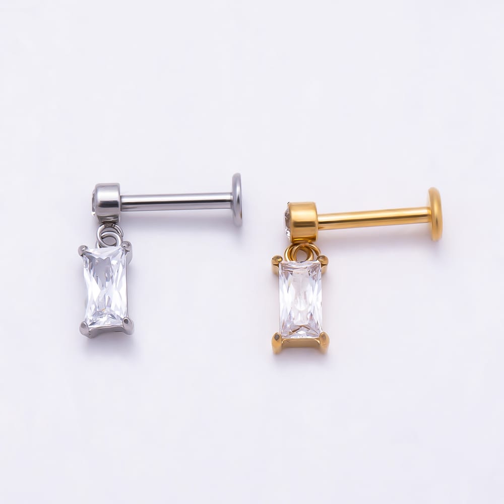 Titanium 12mm Clear CZ Round Baguette Drop Cartilage Piercing Flat Back Stud in Gold & Silver | BJ-00319 BJ-00320