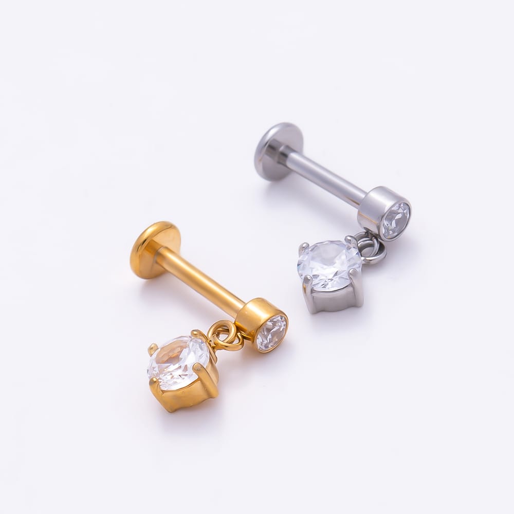 Titanium 11mm Clear CZ Round Drop Cartilage Piercing Flat Back Stud in Gold & Silver | BJ-00313 BJ-00314