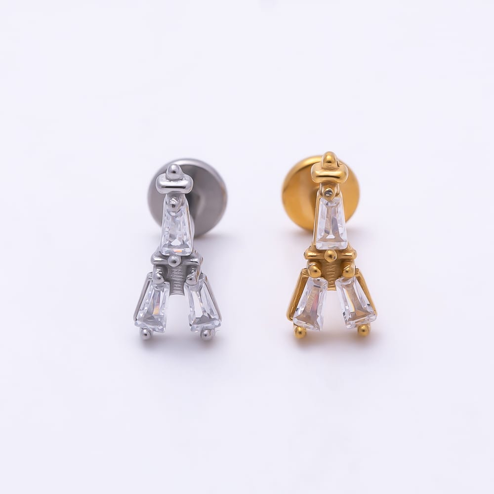Titanium 9mm Clear CZ Baguette Triple Cartilage Piercing Flat Back Stud in Gold & Silver | BJ-00331 BJ-00332