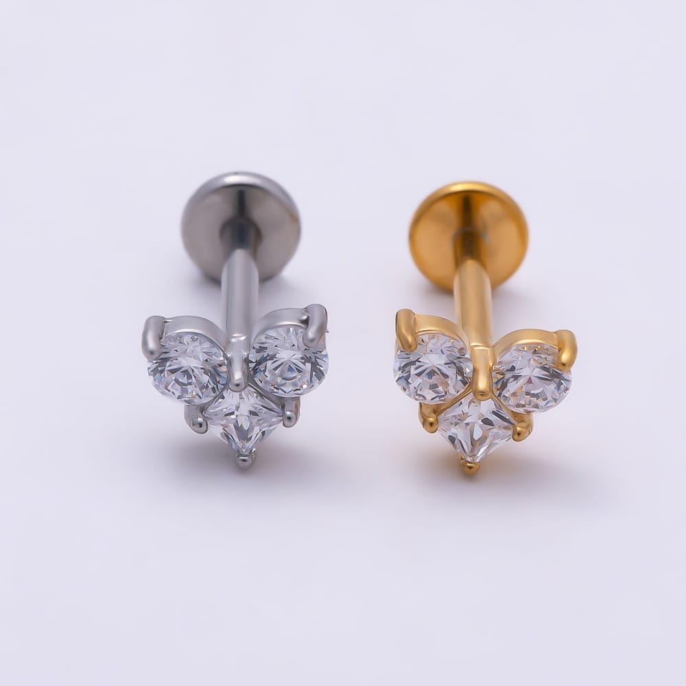 Titanium 4.5mm Clear CZ Heart Mini Cartilage Piercing Flat Back Stud in Gold & Silver | BJ-00329 BJ-00330