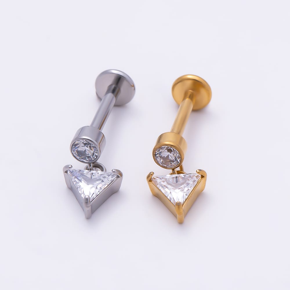 Titanium 10mm Clear CZ Round Triangle Drop Cartilage Piercing Flat Back Stud in Gold & Silver | BJ-00309 BJ-00310