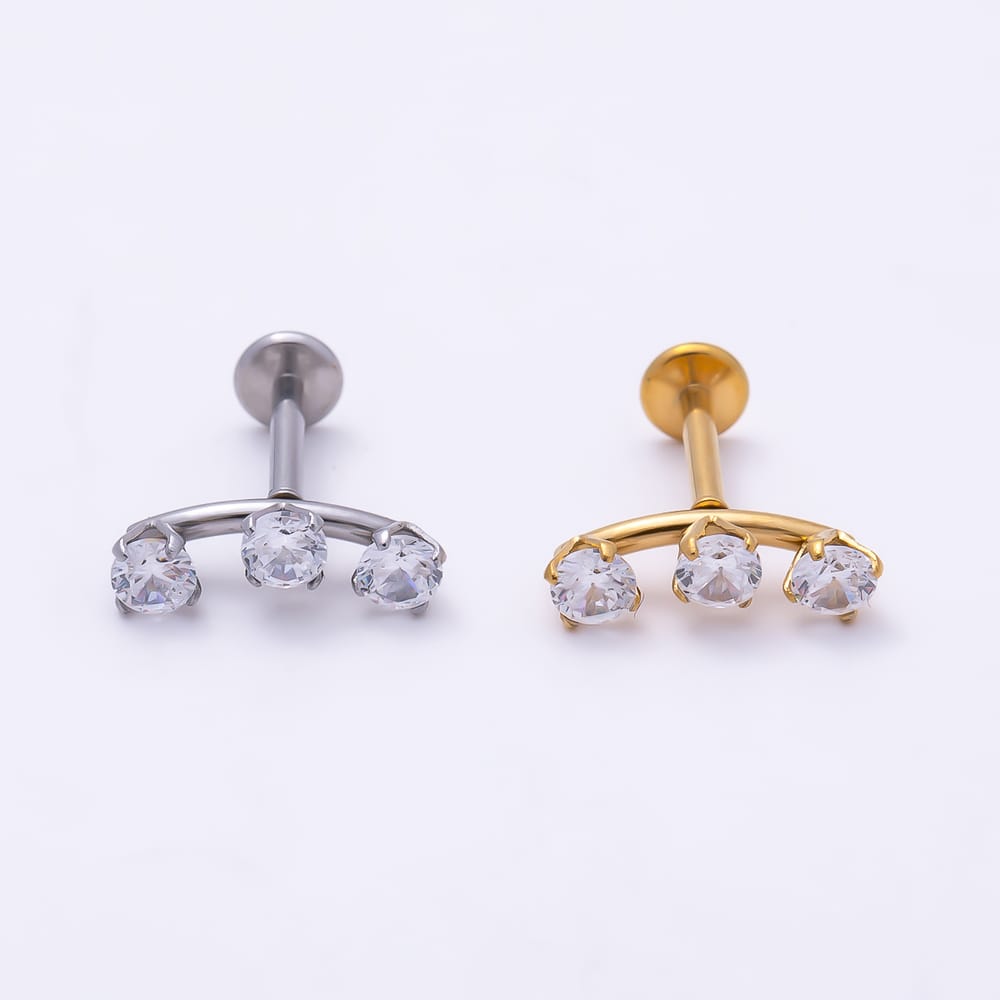 Titanium 4mm Clear CZ Triple Round Curved Cartilage Piercing Flat Back Stud in Gold & Silver | BJ-00305 BJ-00306