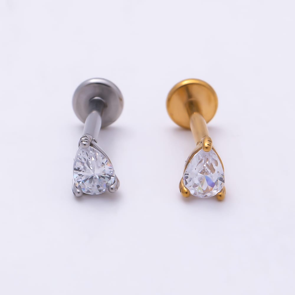 Titanium 4.5mm Clear CZ Teardrop Solitaire Cartilage Piercing Flat Back Stud in Gold & Silver | BJ-00321 BJ-00322