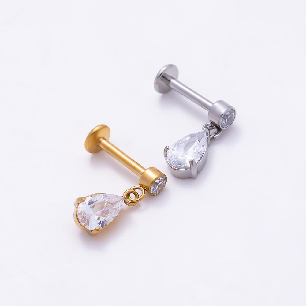 Titanium 13mm Clear CZ Round Teardrop Drop Cartilage Piercing Flat Back Stud in Gold & Silver | BJ-00315 BJ-00316