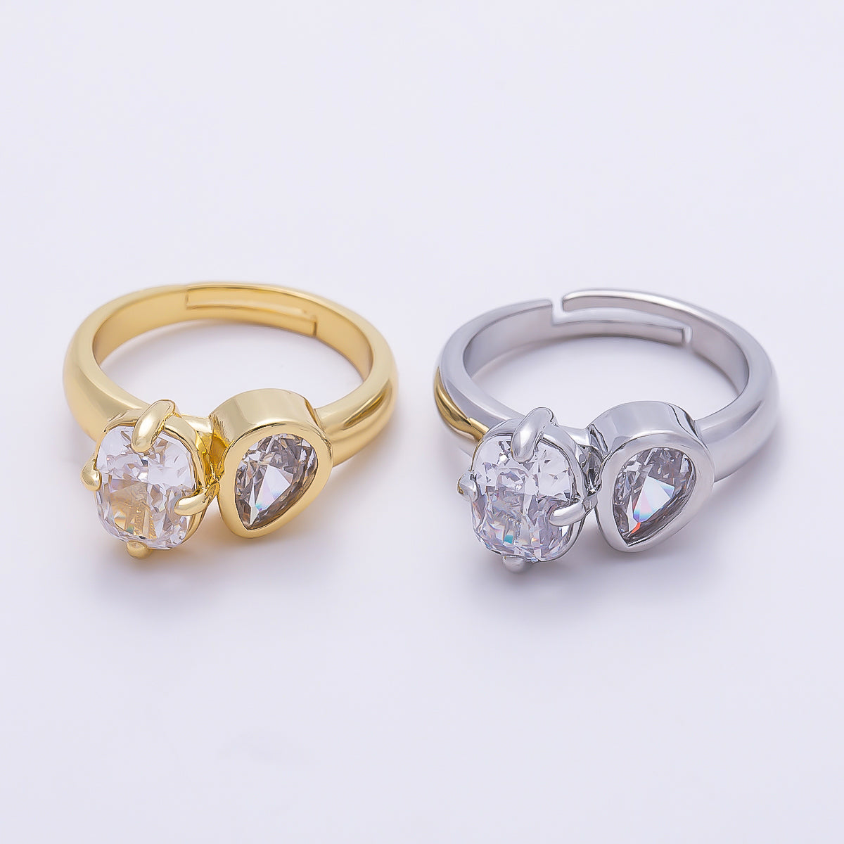 16K Gold Filled Clear CZ Teardrop Bezel Oval Prong Toi et Moi Solitaire Ring in Gold & Silver | Rings-00276 Rings-00277