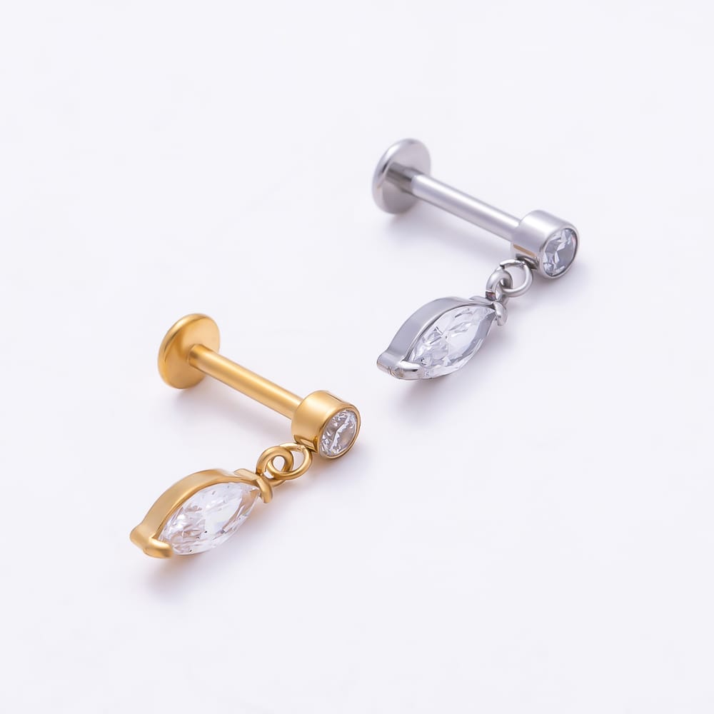 Titanium 13mm Clear CZ Round Marquise Drop Cartilage Piercing Flat Back Stud in Gold & Silver | BJ-00317 BJ-00318