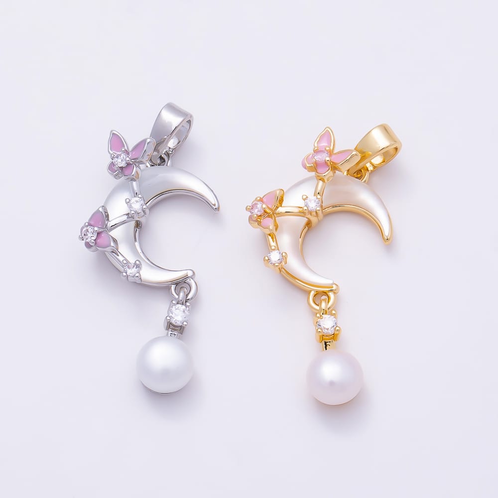 16K Gold Filled 14mm CZ Shell Pearl Drop Celestial Crescent Moon Pendant in Gold & Silver | Charms-02367 Charms-02368