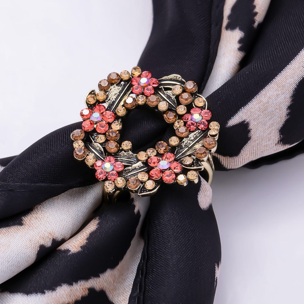 AUNTUMN FALL | Vintage Gold 28mm Red Rhinestone Leaf Flower Wreath Stopper Woggle Scarf Bandana Bead Bolo Slide | Findings-00180