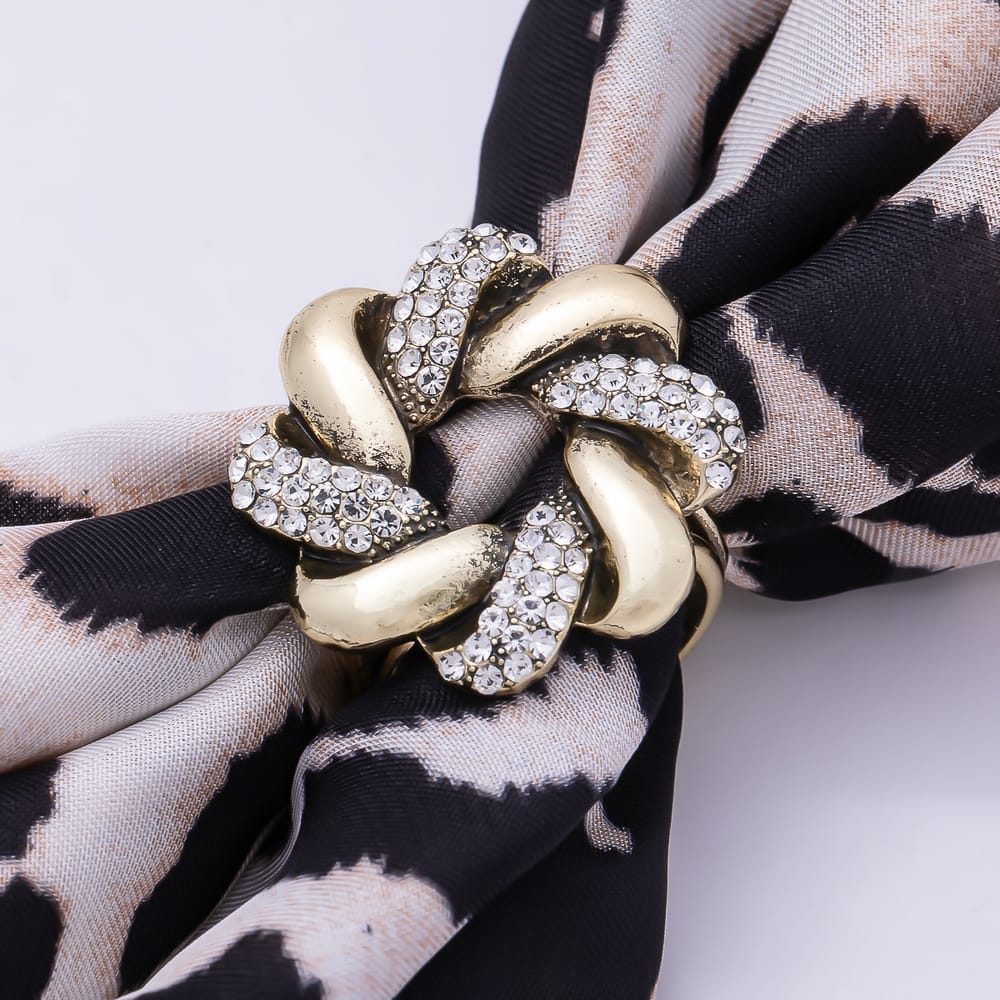 Vintage Gold 28mm Flower Interlock Rhinestone Micro Paved Stopper Buckle Scarf Slide | Findings-00178