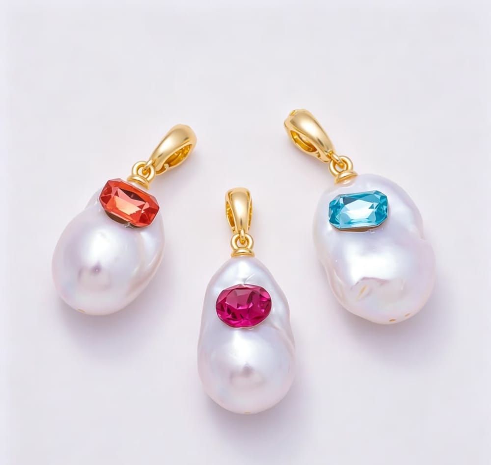 16K Gold Filled 28mm Fuchsia, Orange, Blue CZ Baroque Freshwater Pearl Snap Bail Pendant | Charms-02400 ~ Charms-02402