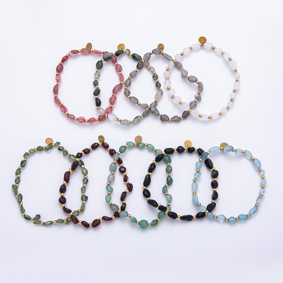 Stainless Steel PVD Gold Gemstone Pebble Bead 7.5 Inch Stretch Bracelet | WA-00120 ~ WA-00160